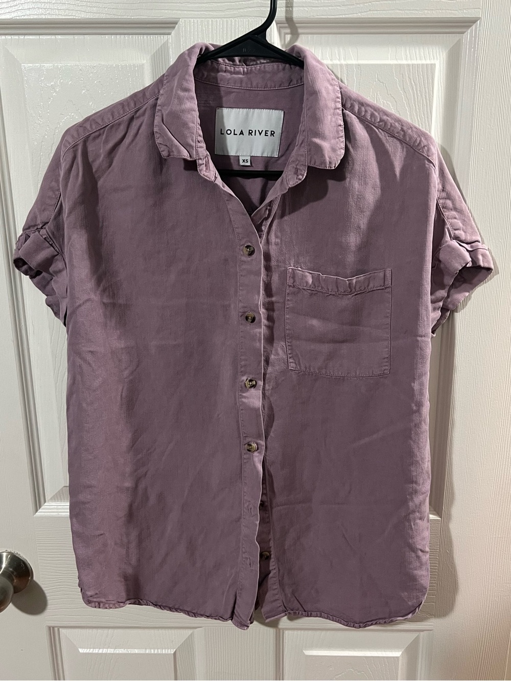 Lola River women's short-sleeve button-down shirt in a mauve/purple color Tencel